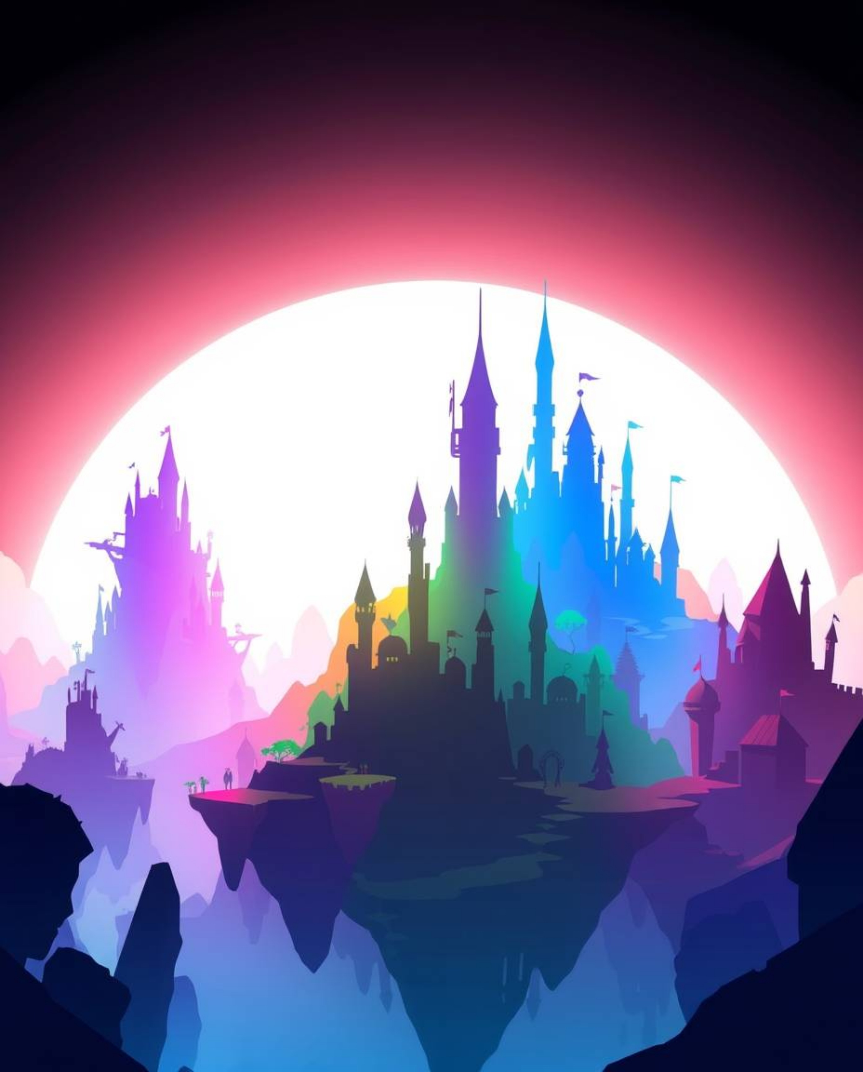 A vibrant digital painting showcases a colorful kingdom featuring fantastical floating islands and majestic castles, all silh