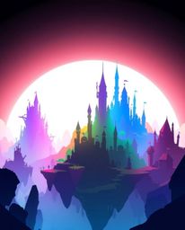 A vibrant digital painting showcases a colorful kingdom featuring fantastical floating islands and majestic castles, all silh