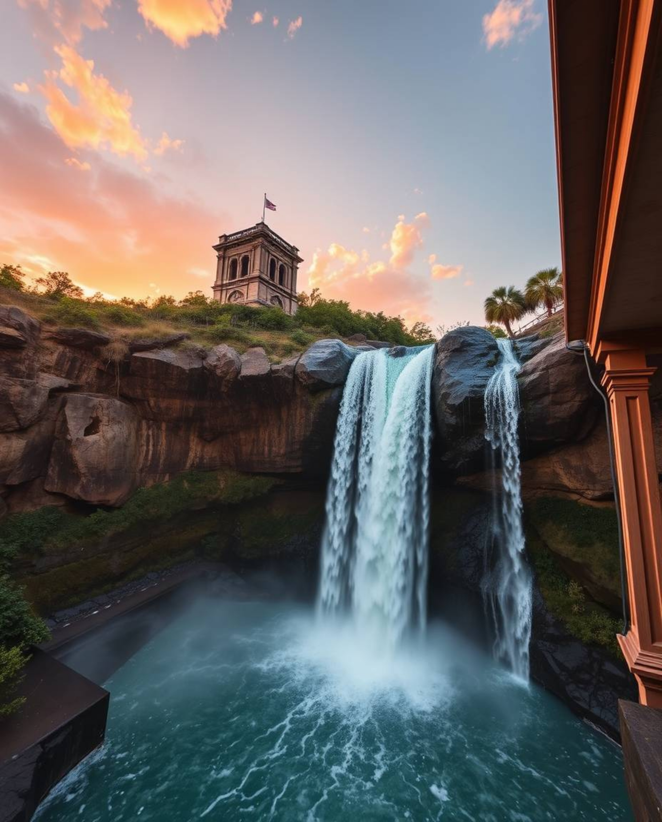 Precise architectural photography of a dramatic waterfall and its surroundings at sunset. This image is characterized by its 