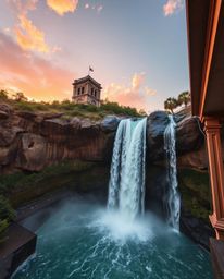 Precise architectural photography of a dramatic waterfall and its surroundings at sunset. This image is characterized by its 