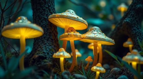 Discover breathtaking extreme macro close-up photography of a vintage-style enchanted forest.  Images showcase glowing mushro