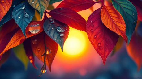 This artwork features an elegant depiction of a sunset reflected in raindrops on leaves, showcasing refined features and cont