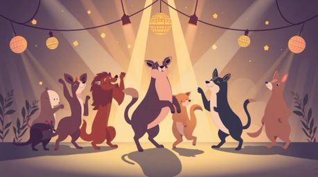 A vibrant and modern flat design illustration showcases an animal dance party illuminated by dazzling disco lights.  The scen