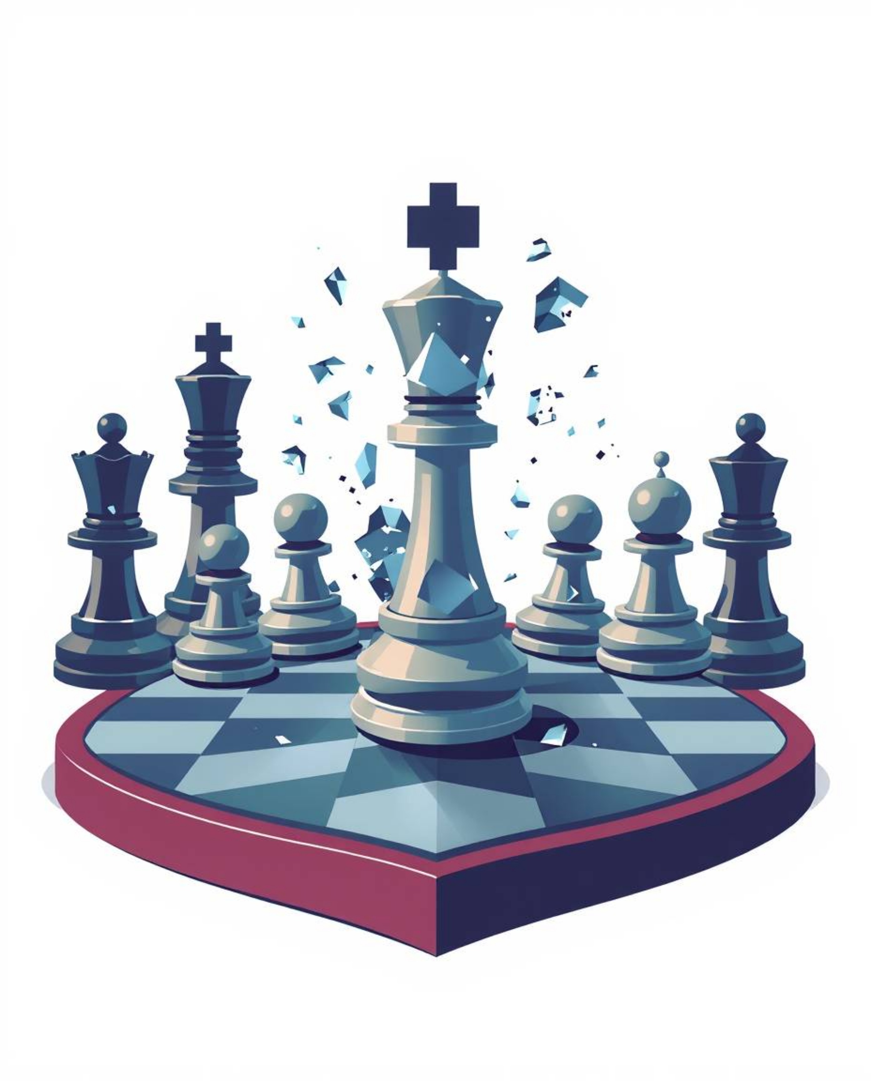 This logo features a chessboard with pieces caught in a moment of destruction, suspended mid-air. Rendered in soft pastel col