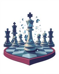 This logo features a chessboard with pieces caught in a moment of destruction, suspended mid-air. Rendered in soft pastel col