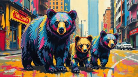 A bold acrylic painting depicts a bear family embarking on an urban adventure. The artwork is characterized by vibrant electr