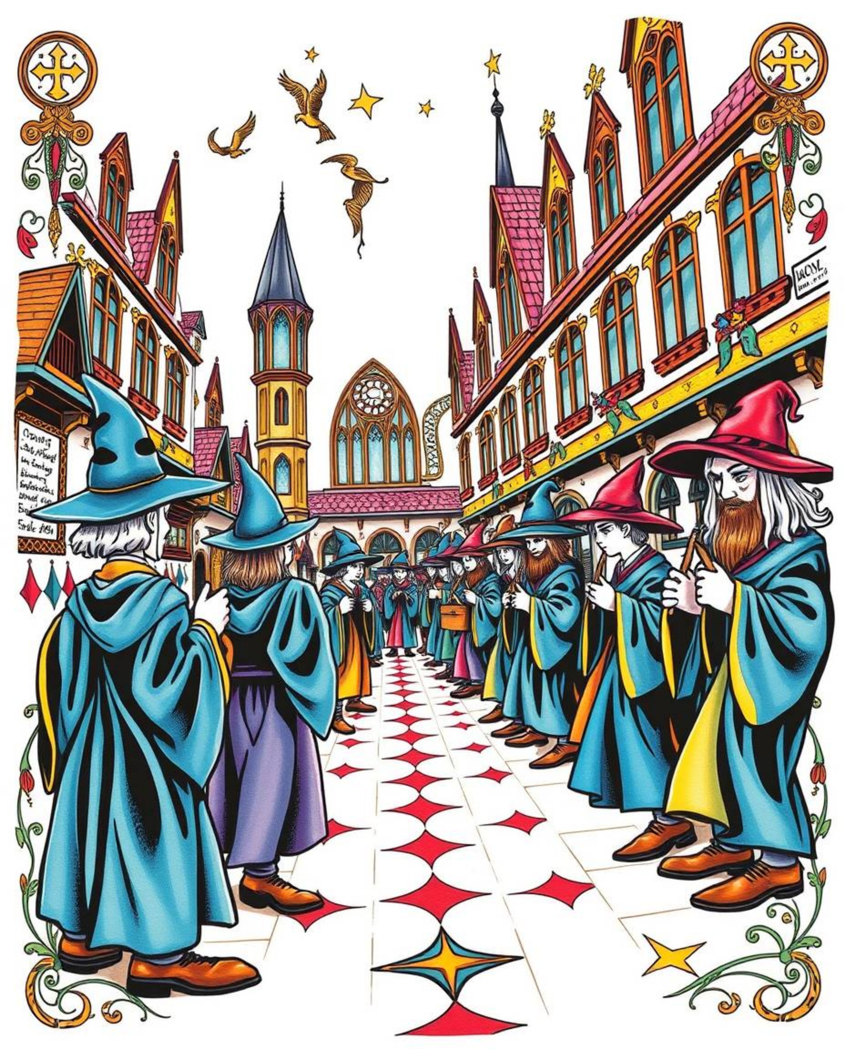 Immerse yourself in the enchanting world of wizardry with this bright and vibrant tattoo art print. Featuring a magical schoo