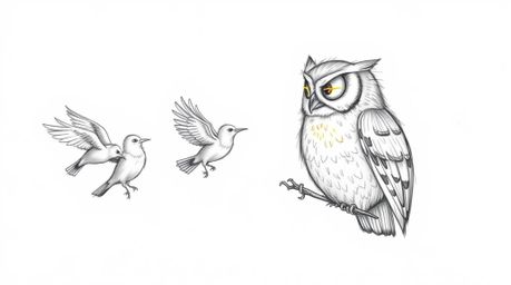 A hand-drawn, textured pencil sketch depicts a blind owl, rendered in a Pixar-esque style, giving flight lessons to a group o
