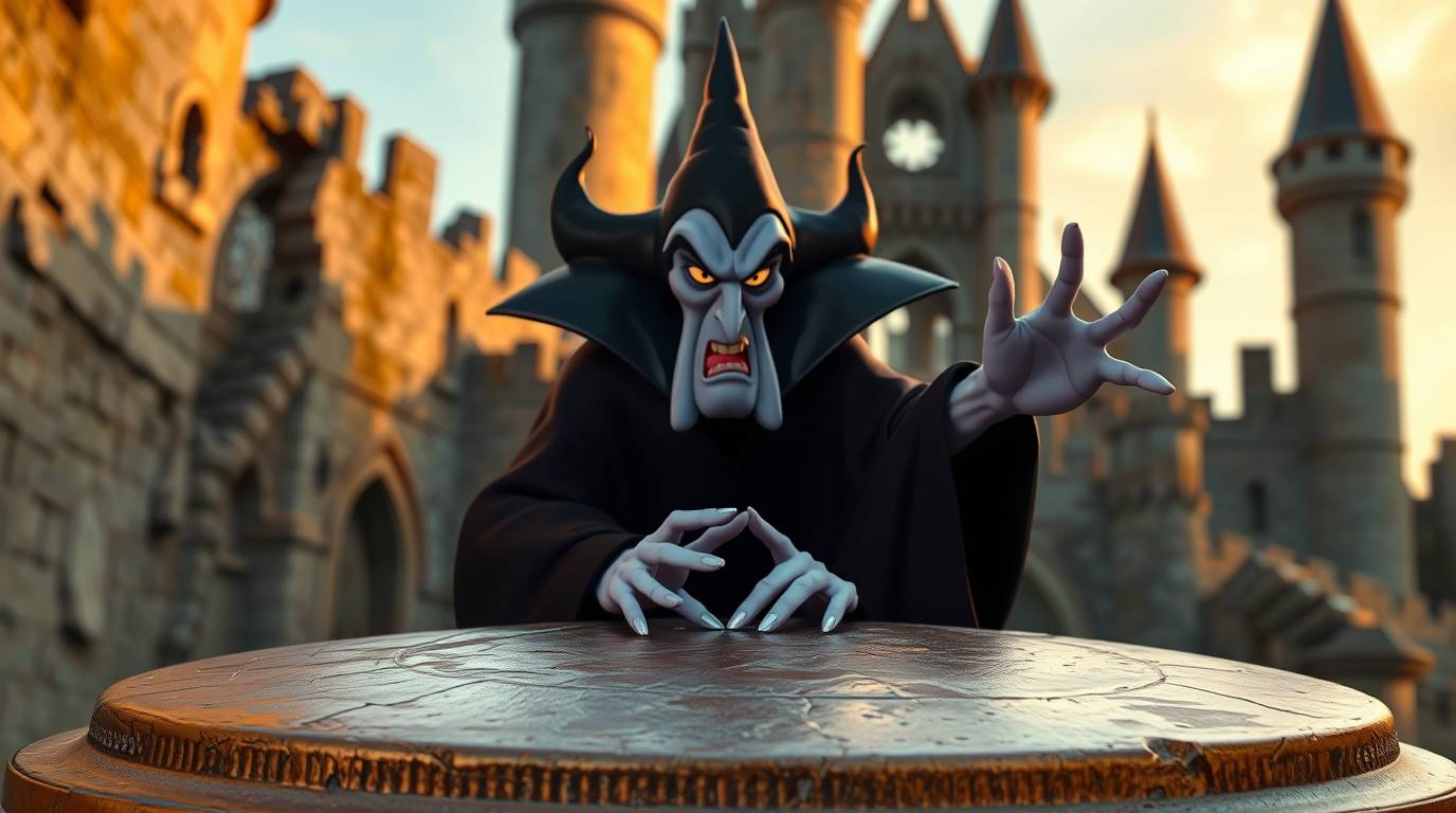 A captivating image depicts a classic Disney villain, sharp features and dark eyes, casting a spell within a crumbling old ca
