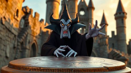 A captivating image depicts a classic Disney villain, sharp features and dark eyes, casting a spell within a crumbling old ca