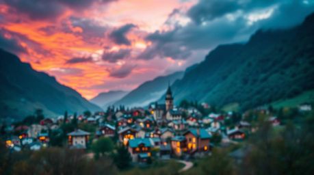 A vibrant and luxurious depiction of a cozy village nestled in a valley under a colorful sky, rendered in a rich, deep teal c
