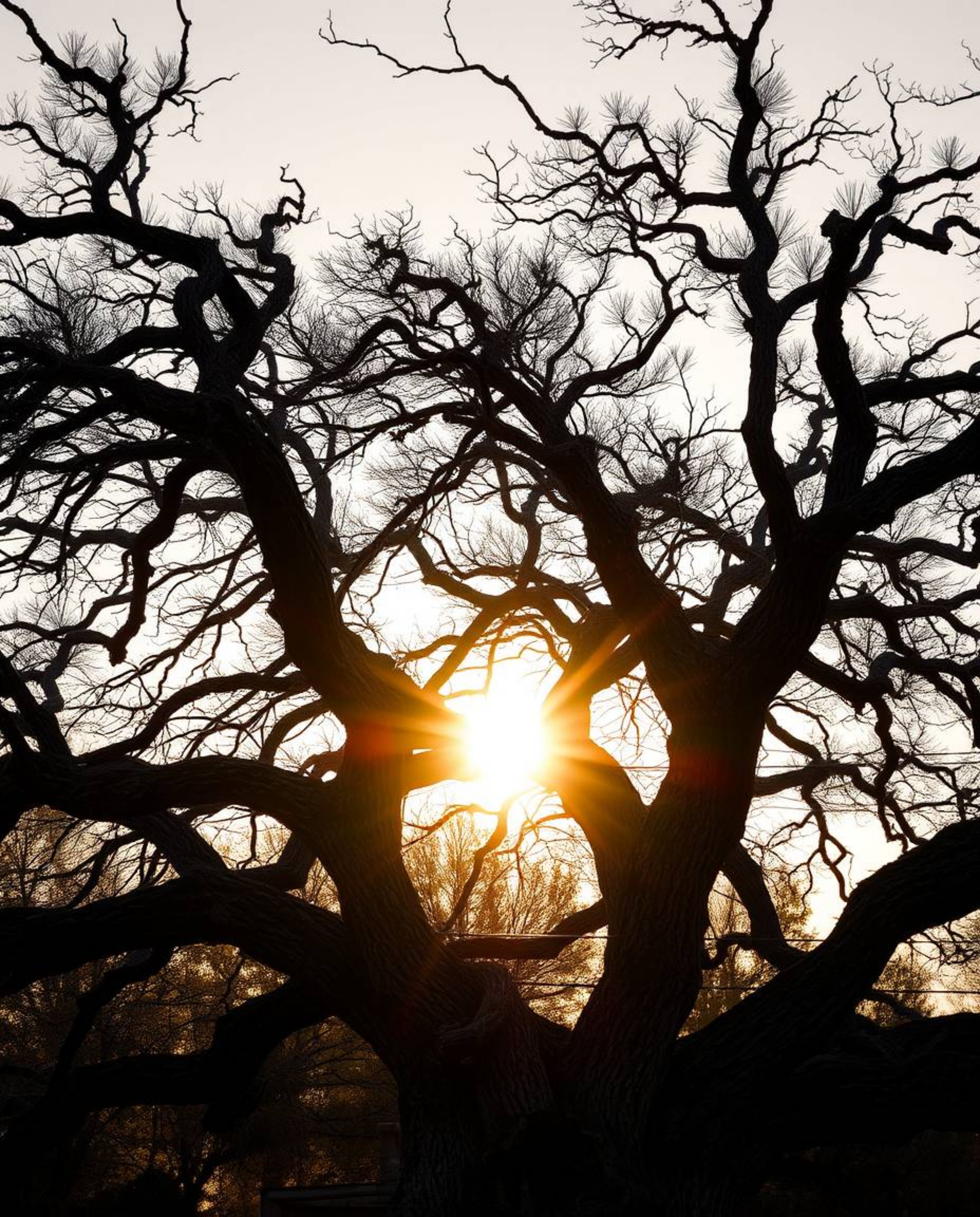 A precise architectural color photograph of a sunset behind an old oak tree with twisted branches, featuring strong hard ligh