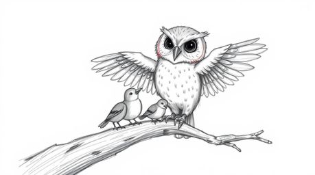 A heartwarming hand-drawn sketch in the style of Pixar portrays a blind owl, its soft feathery textures brought to life with 