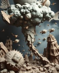 Experience a surreal storm scene with flying objects and intricate sculptural clay art. This piece features modeled shapes, t