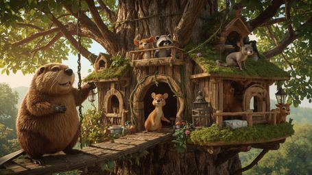 A highly detailed, high-resolution stock photo, in a whimsical style reminiscent of Pixar, captures a busy beaver diligently
