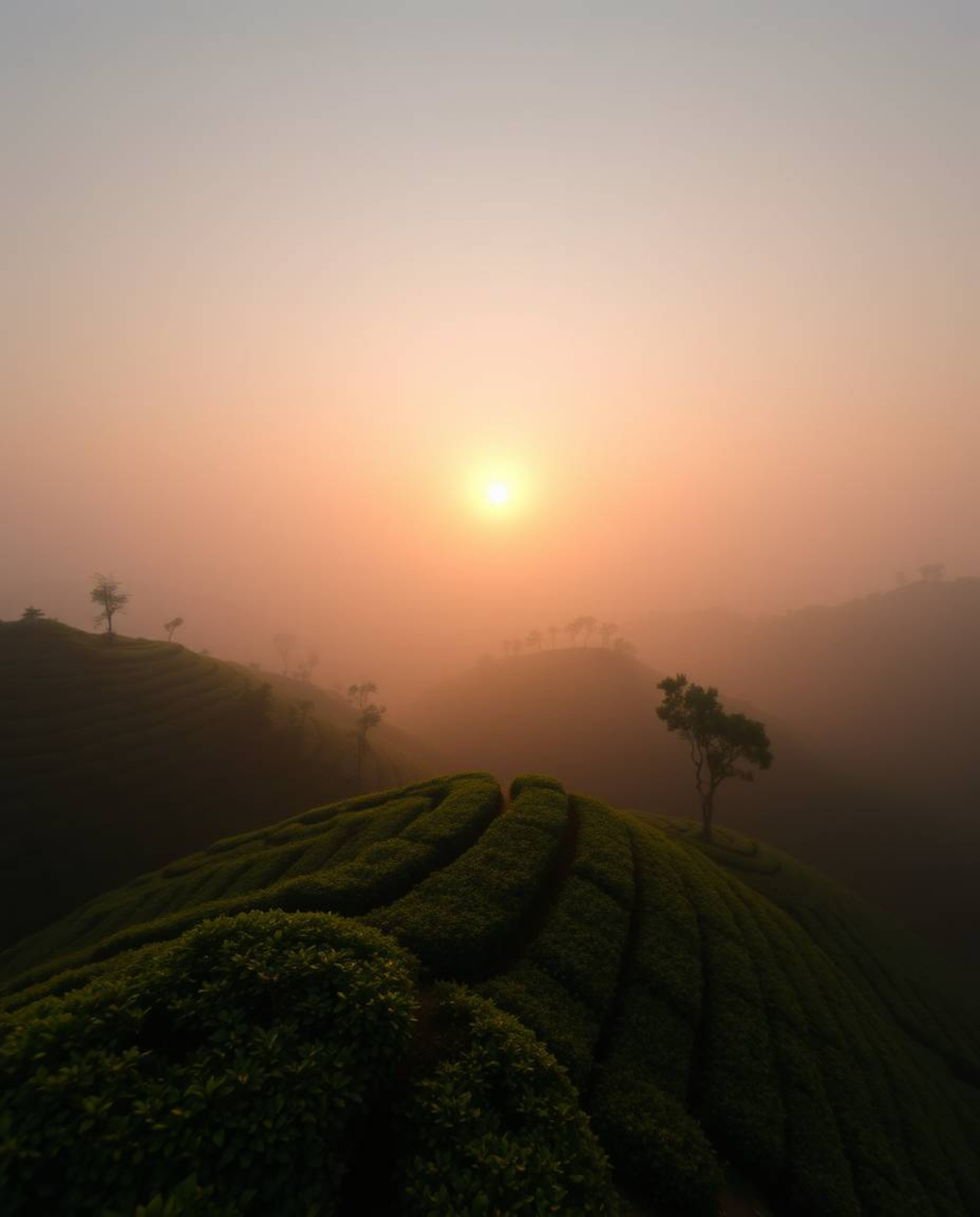 A high-angle perspective photograph of a sunset over terraced tea plantations. The scene is characterized by a soft cinematic