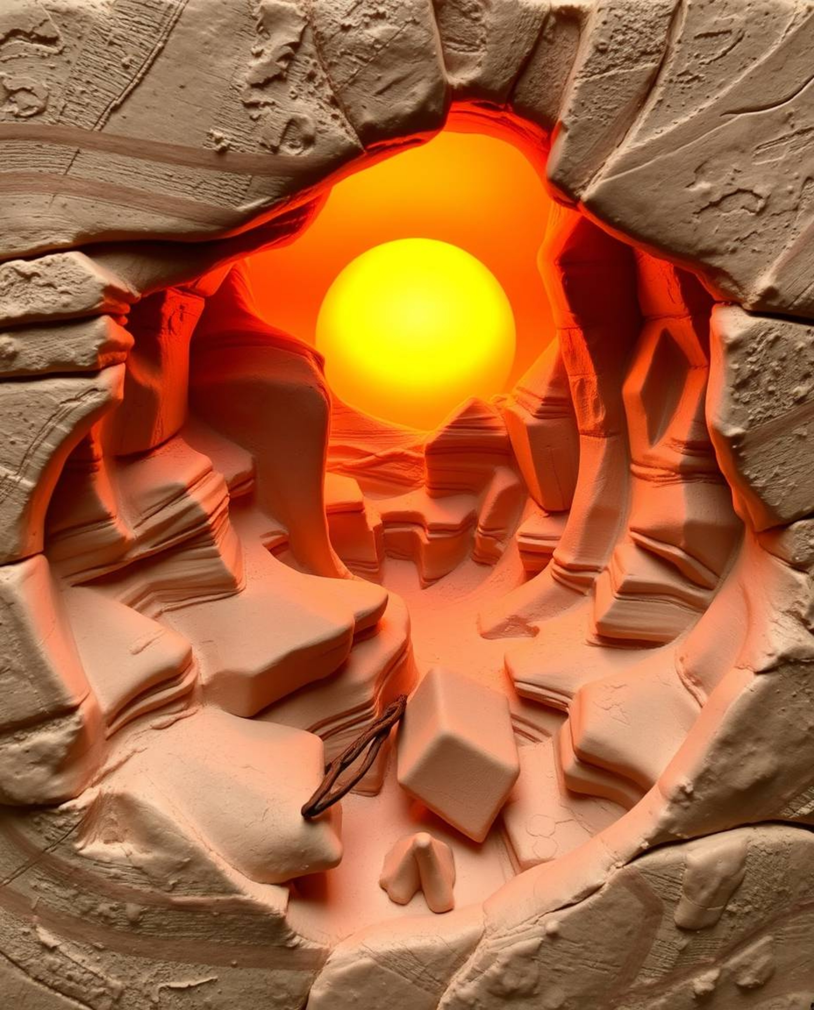 This sculptural clay art depicts a sunset illuminating sandstone cliffs in a canyon. The piece features carefully modeled sha
