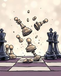 A captivating color sketchnote illustration depicts a chessboard frozen in a moment of chaotic destruction.  Chess pieces are