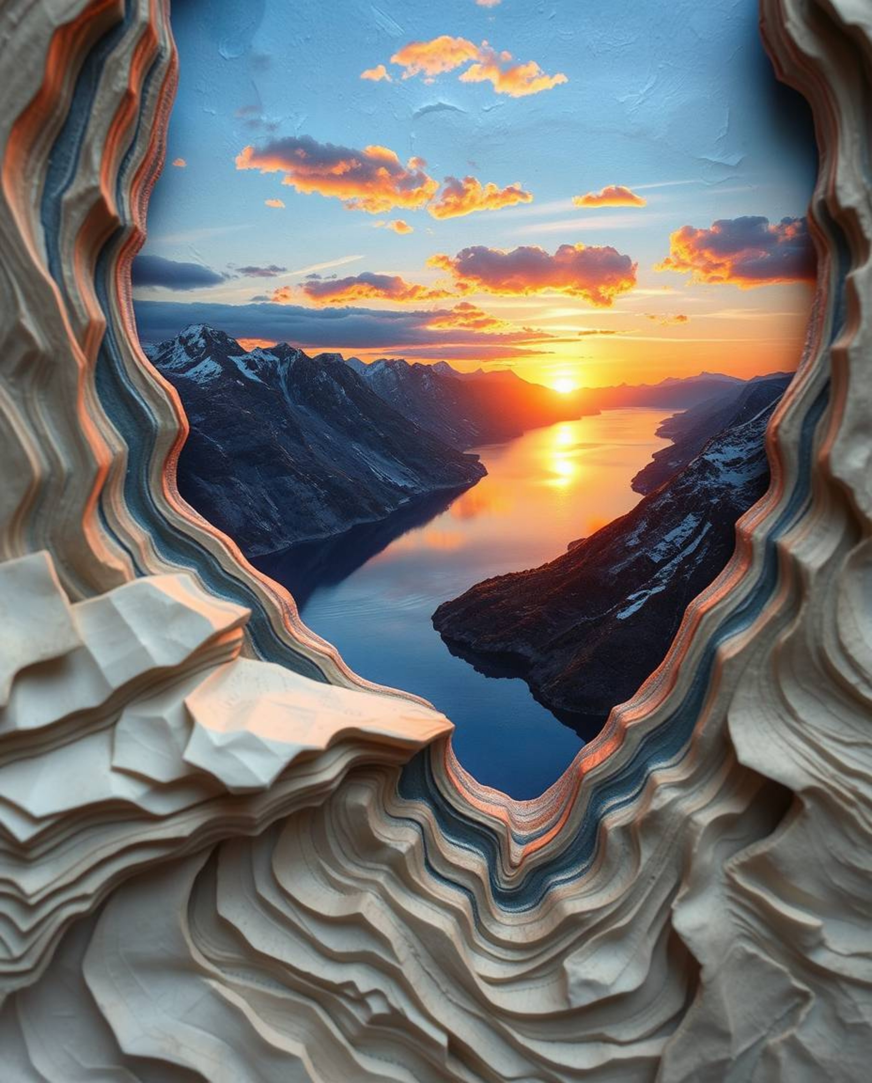 A layered papier-mâché artwork depicting a glassy fjord reflecting a sunset, as seen from a bird's-eye perspective. This uniq