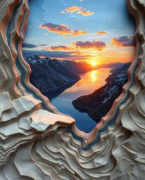 A layered papier-mâché artwork depicting a glassy fjord reflecting a sunset, as seen from a bird's-eye perspective. This uniq