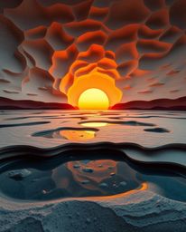 A sculpted, textured image, crafted from layered papier-mâché material, portrays a stunning sunset sky mirrored in tidal pool