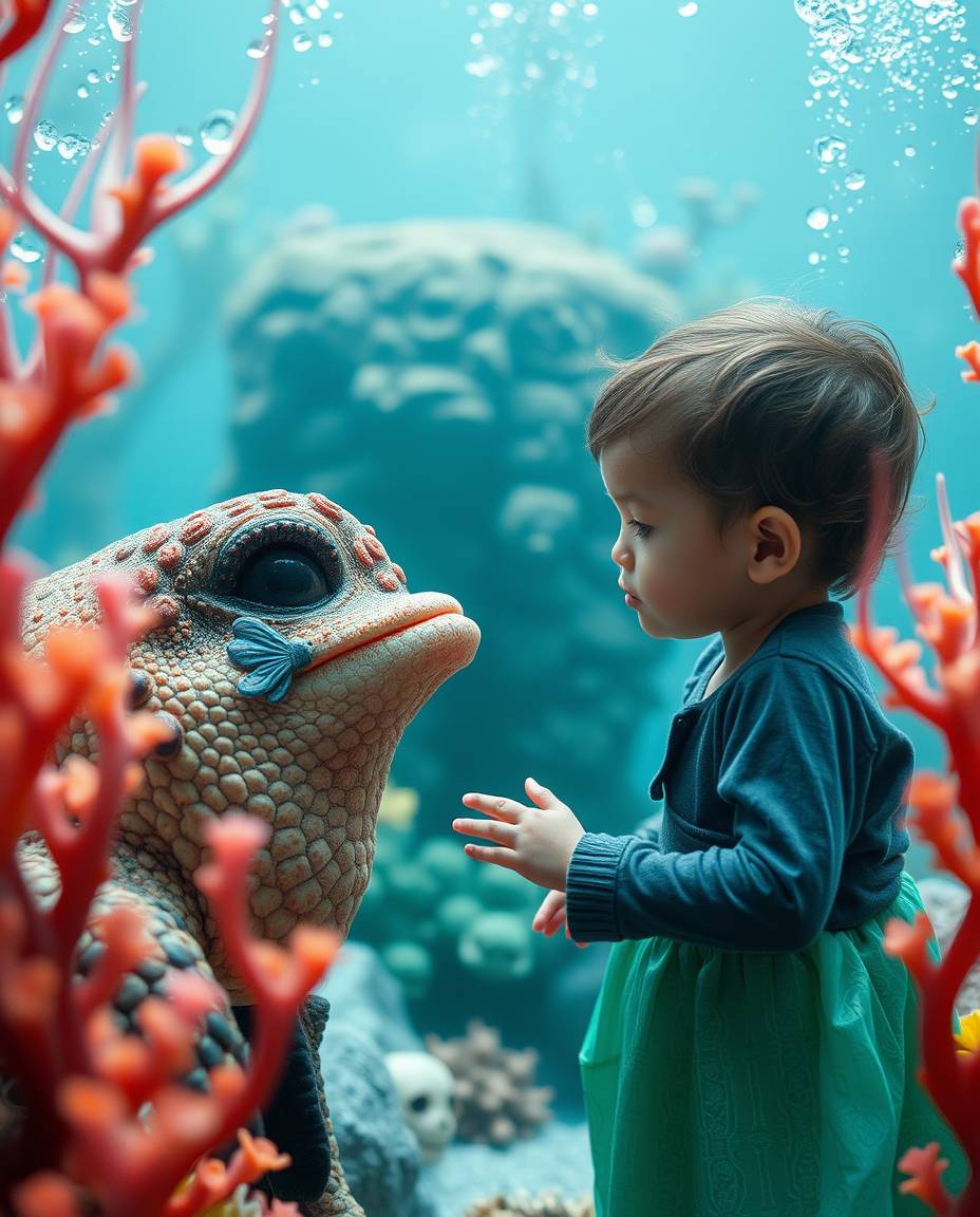 This stunning fine art photograph captures a magical moment of friendship between a sea creature and a human child in a mysti