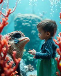 This stunning fine art photograph captures a magical moment of friendship between a sea creature and a human child in a mysti