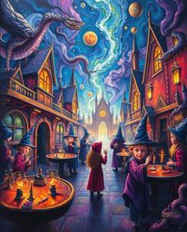 Immerse yourself in a dreamlike realm with this surreal painting of a magical school, brimming with young wizards and fantast