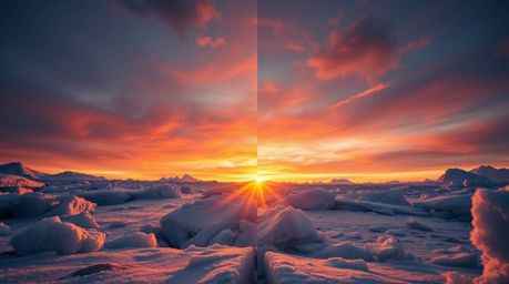 Experience the awe-inspiring beauty of a dramatic sunset over icy polar glaciers, captured in a striking low-angle perspectiv