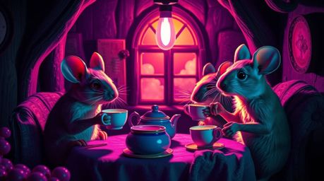 Discover a captivating scene of anthropomorphic mice enjoying a tea party in a cozy cottage, bathed in deep ultraviolet light