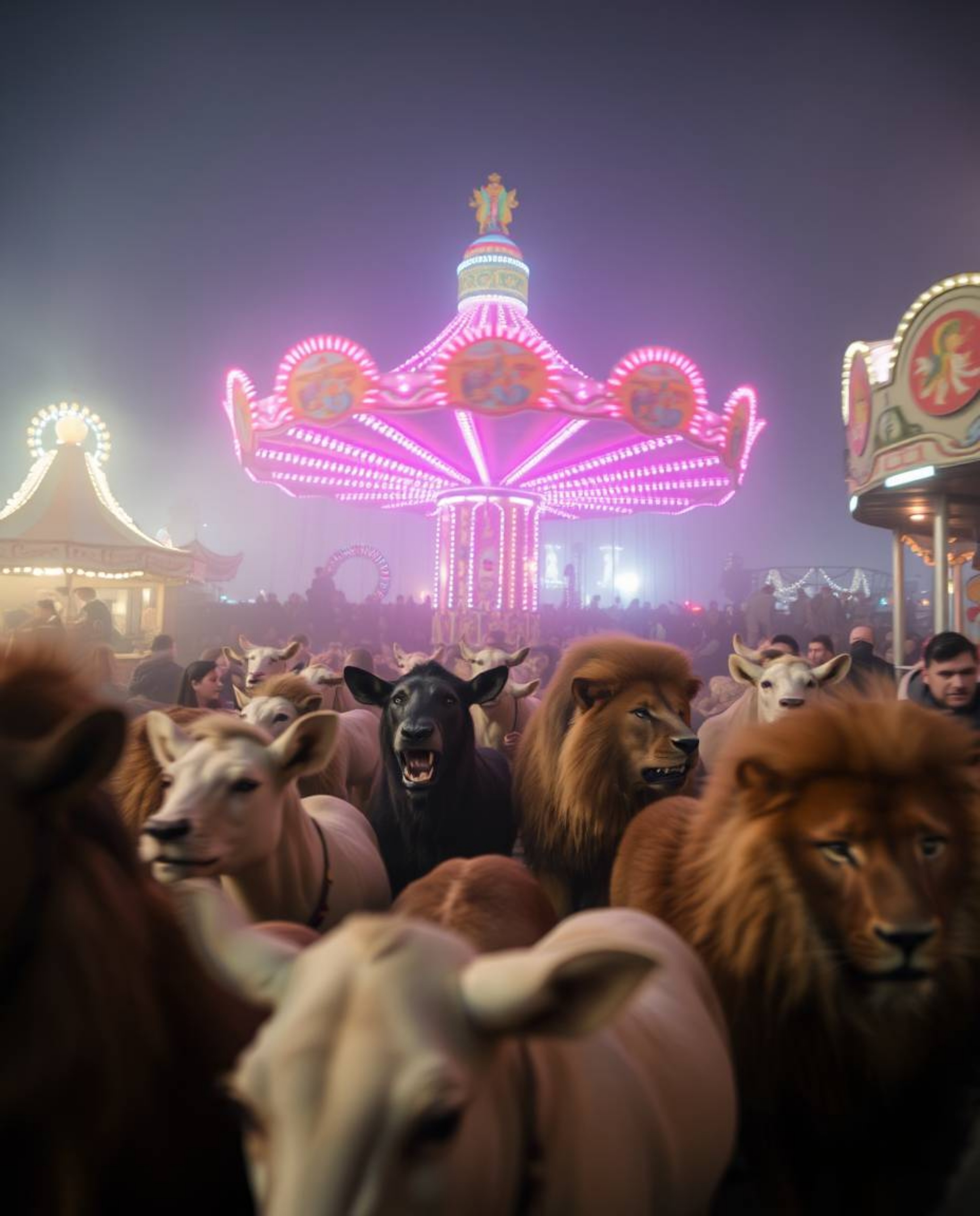 A mesmerizing long-exposure photograph captures the surreal scene of a carnival overrun by wild animals. The soft, dreamy atm