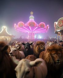 A mesmerizing long-exposure photograph captures the surreal scene of a carnival overrun by wild animals. The soft, dreamy atm