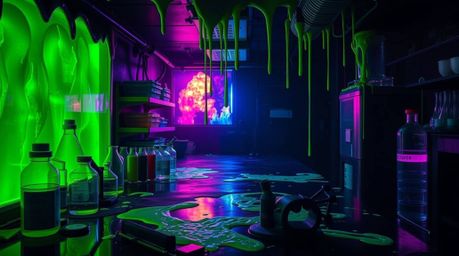 Immerse yourself in a slime-covered science lab, a captivating scene bathed in intense jet black hues, punctuated by the vibr