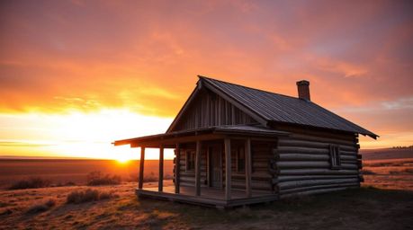 A stunning, high-resolution photograph captures an old wooden cabin bathed in the warm glow of sunset.  Shot from a bird's-ey