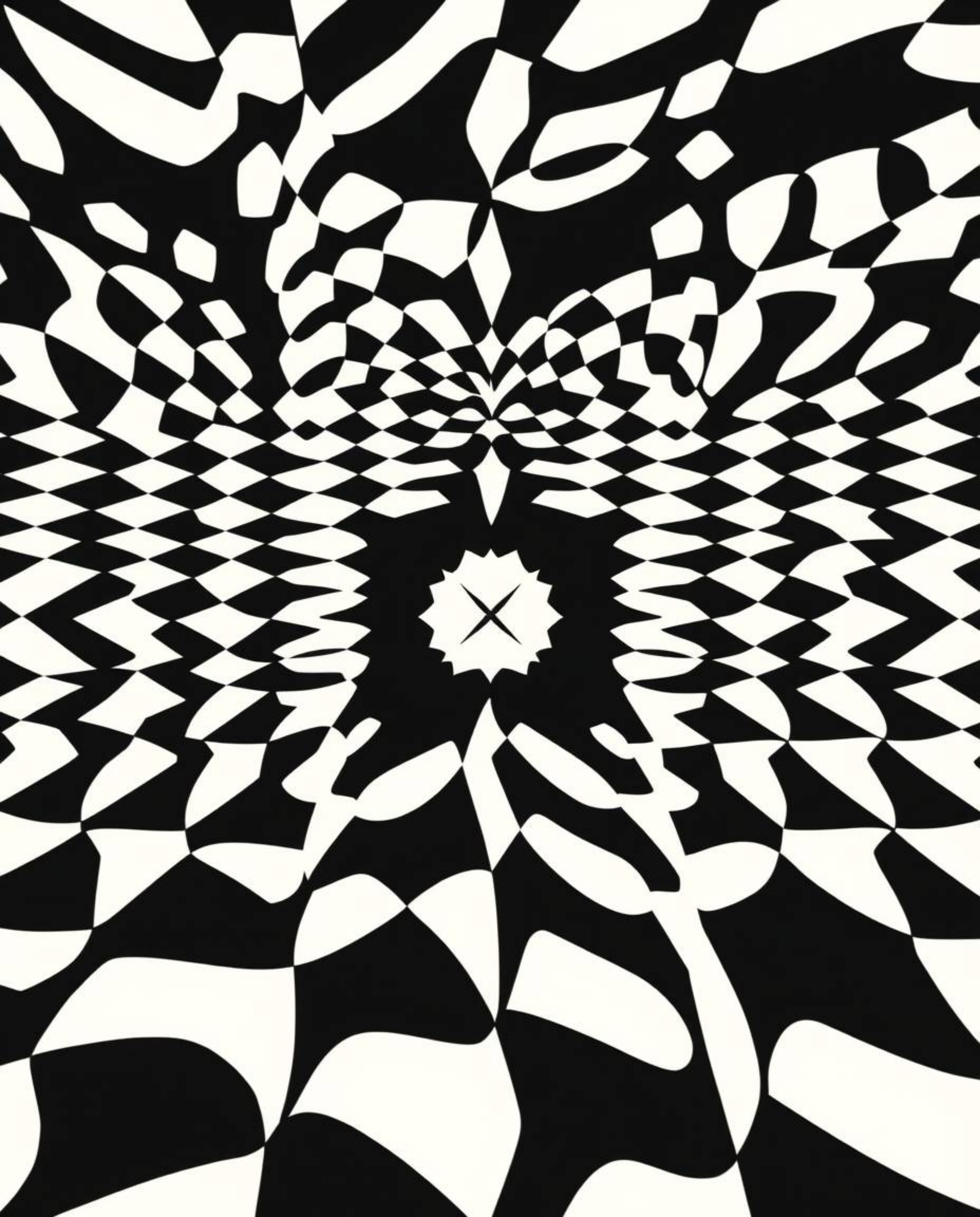 This high-resolution stock photo features a captivating black and white geometric optical illusion pattern with a distinct re