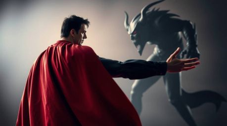 Witness an intense battle between a stoic superhero, their cape billowing dramatically against a vibrant background, and a co