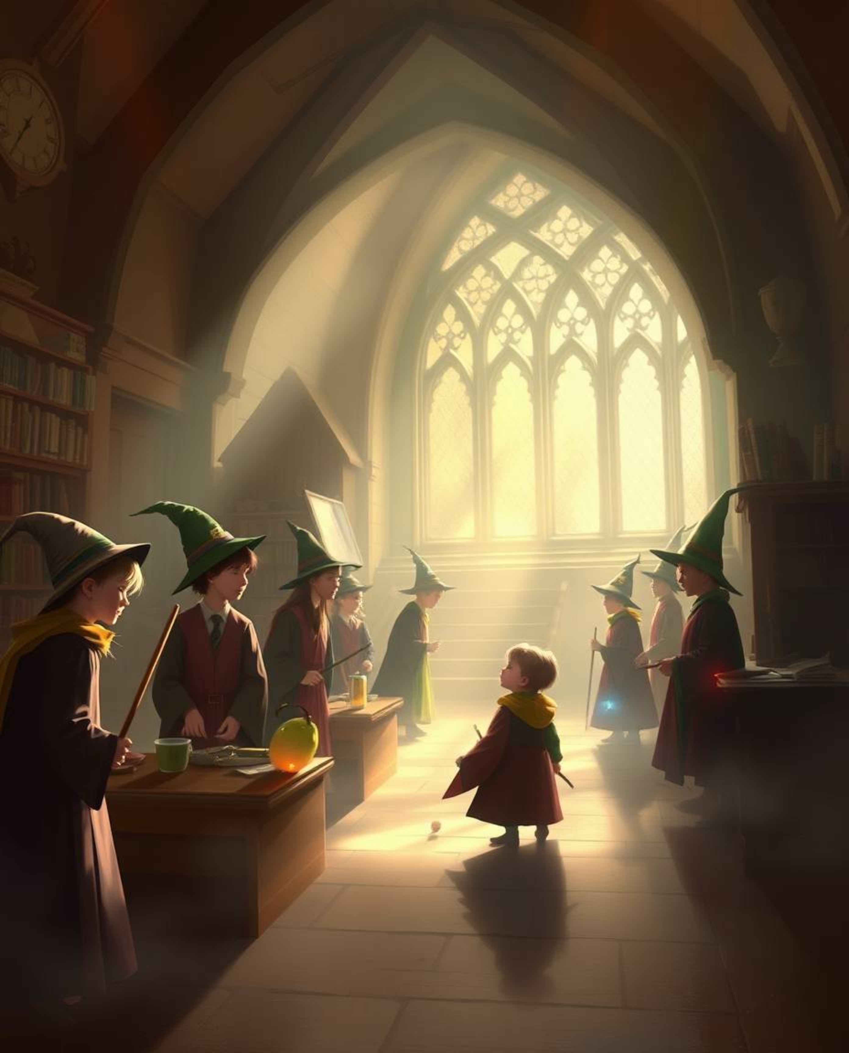 Immerse yourself in a captivating digital painting depicting a magical school brimming with young wizards. The artwork featur