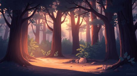 A charming digital painting showcases an adorable forest scene bathed in the soft glow of a sunset.  Diffused shadows and sub