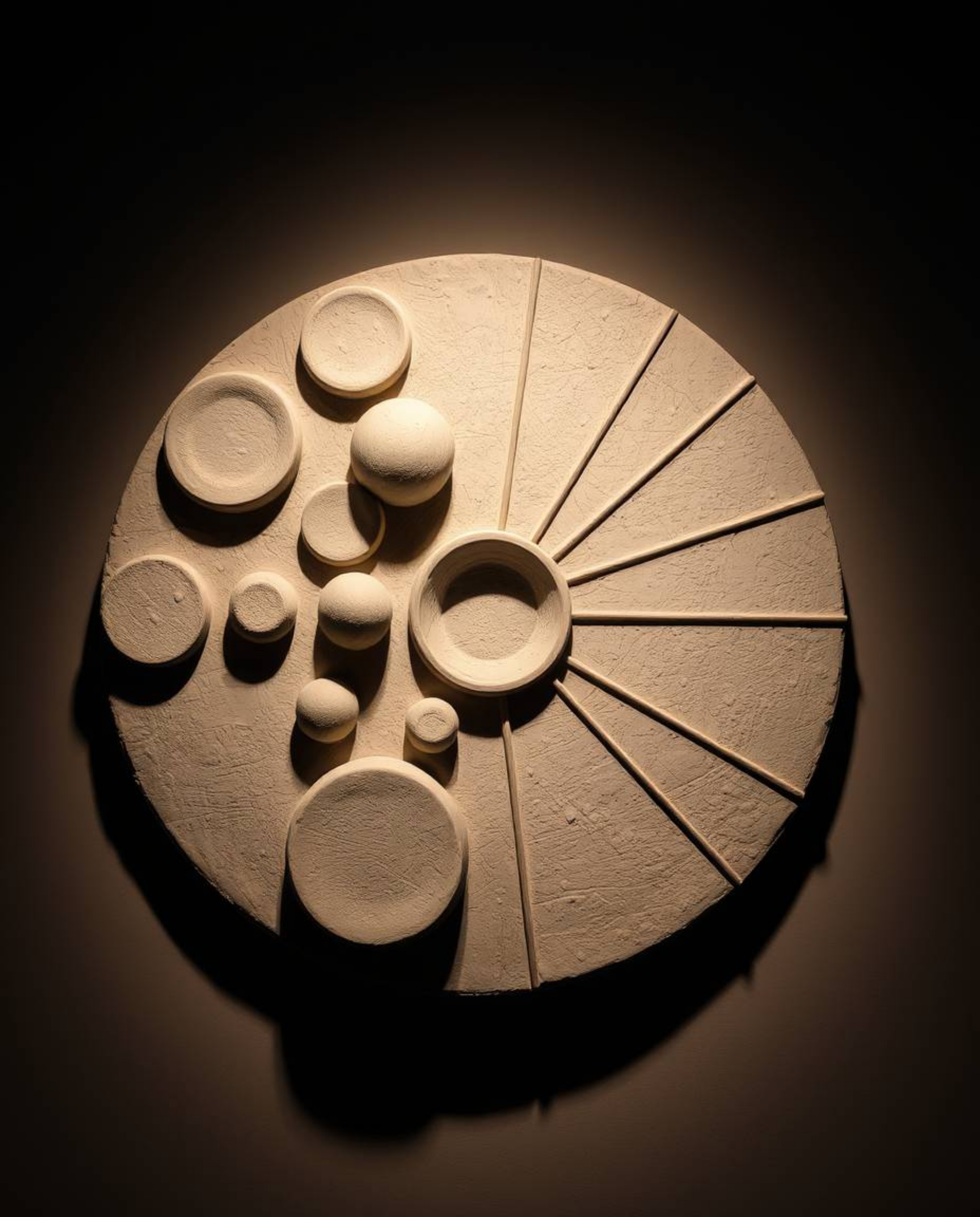 This sculptural clay art piece showcases a minimalist geometric pattern in the Bauhaus style, featuring a captivating interpl