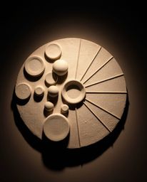 This sculptural clay art piece showcases a minimalist geometric pattern in the Bauhaus style, featuring a captivating interpl