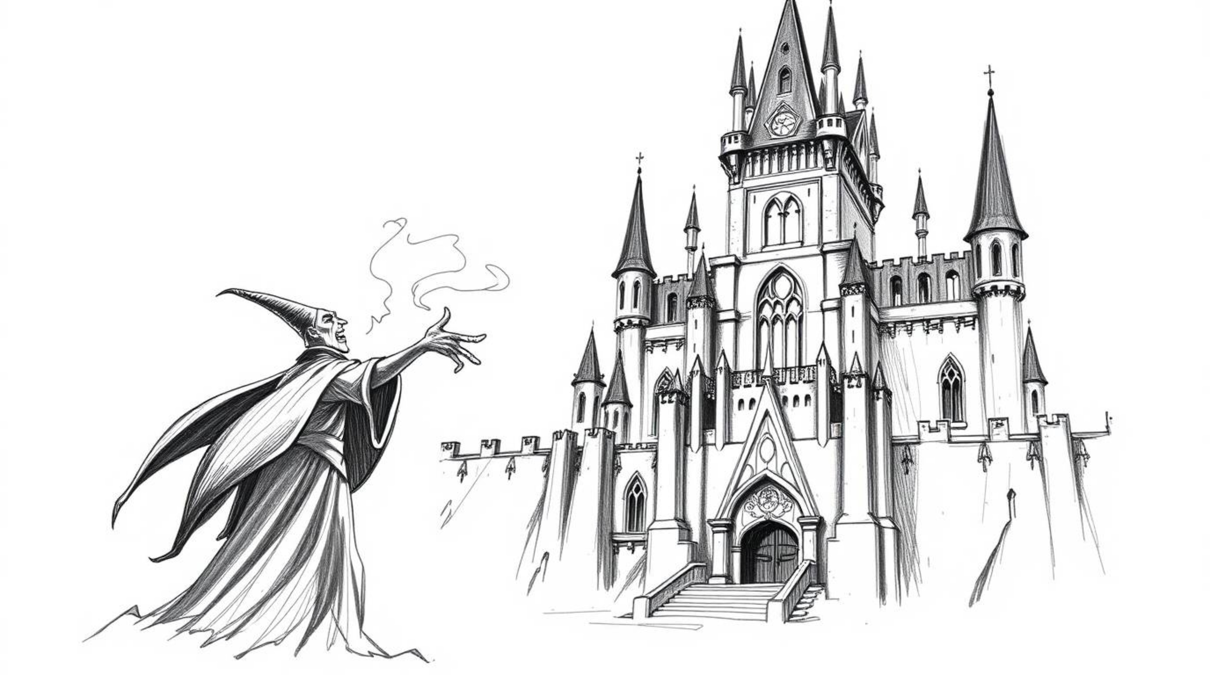 An epic scene depicting a classic Disney villain with exaggerated features and dark skin, drawn in a hand-drawn sketch style