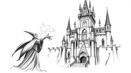 An epic scene depicting a classic Disney villain with exaggerated features and dark skin, drawn in a hand-drawn sketch style 