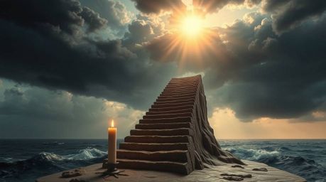 Experience the awe-inspiring drama of sculptural clay art depicting a monumental staircase rising from the depths of the ocea