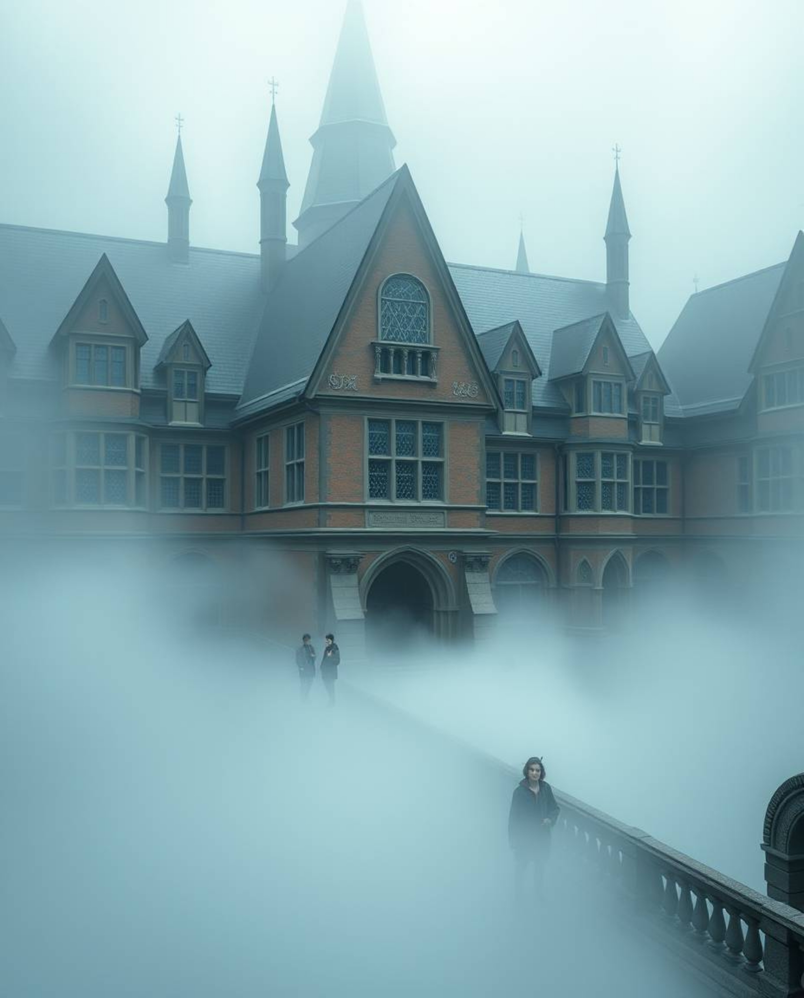This image captures a precise architectural photograph of a magical school shrouded in thick fog. Young wizards populate the 