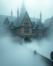 This image captures a precise architectural photograph of a magical school shrouded in thick fog. Young wizards populate the 
