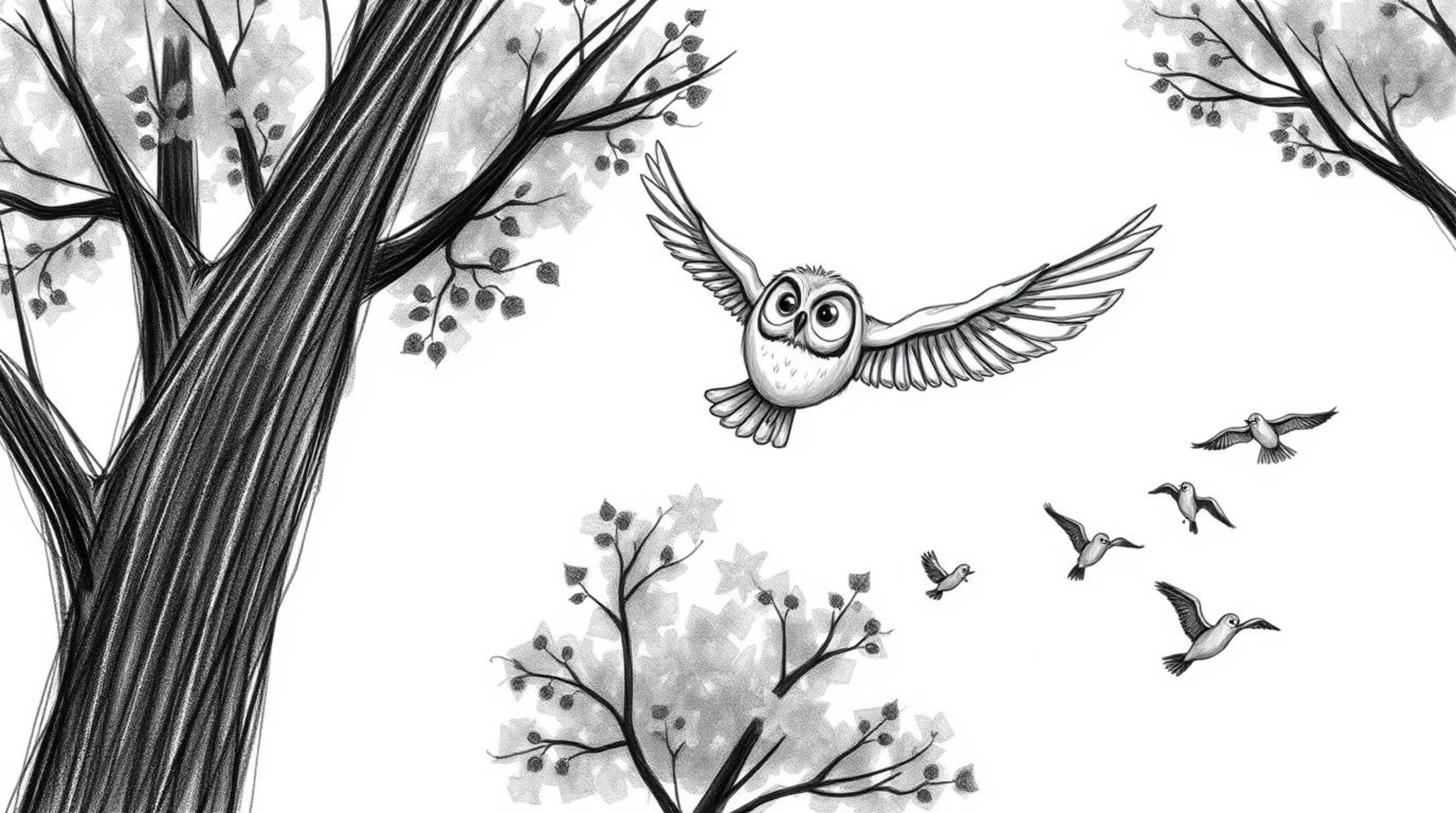 A heartwarming hand-drawn sketch in the style of Pixar depicts a blind owl gracefully gliding between trees, demonstrating fl