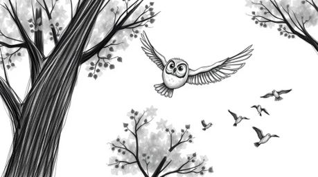 A heartwarming hand-drawn sketch in the style of Pixar depicts a blind owl gracefully gliding between trees, demonstrating fl