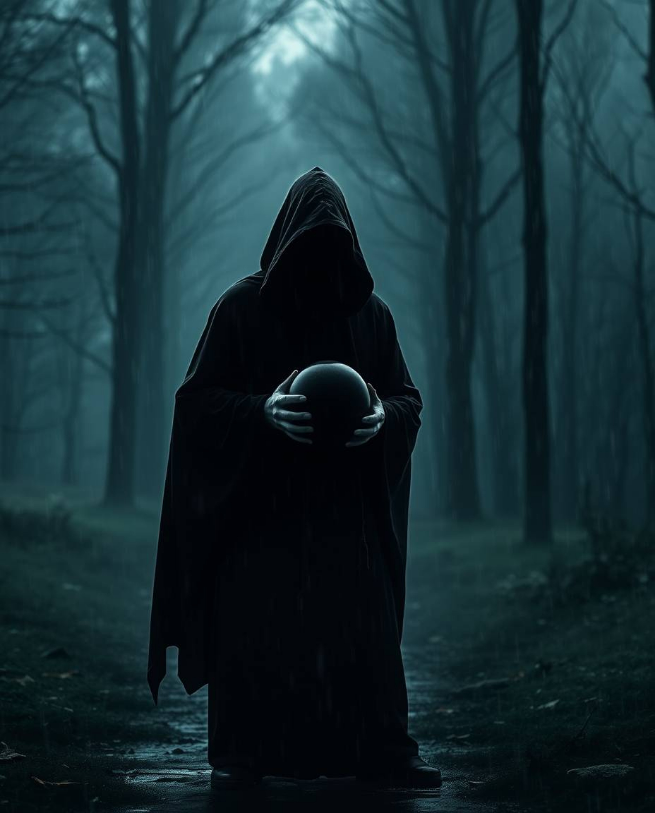 A cloaked figure, shrouded in shadow, commands attention within a misty forest beneath a jet-black sky, their hand cradling a