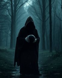 A cloaked figure, shrouded in shadow, commands attention within a misty forest beneath a jet-black sky, their hand cradling a