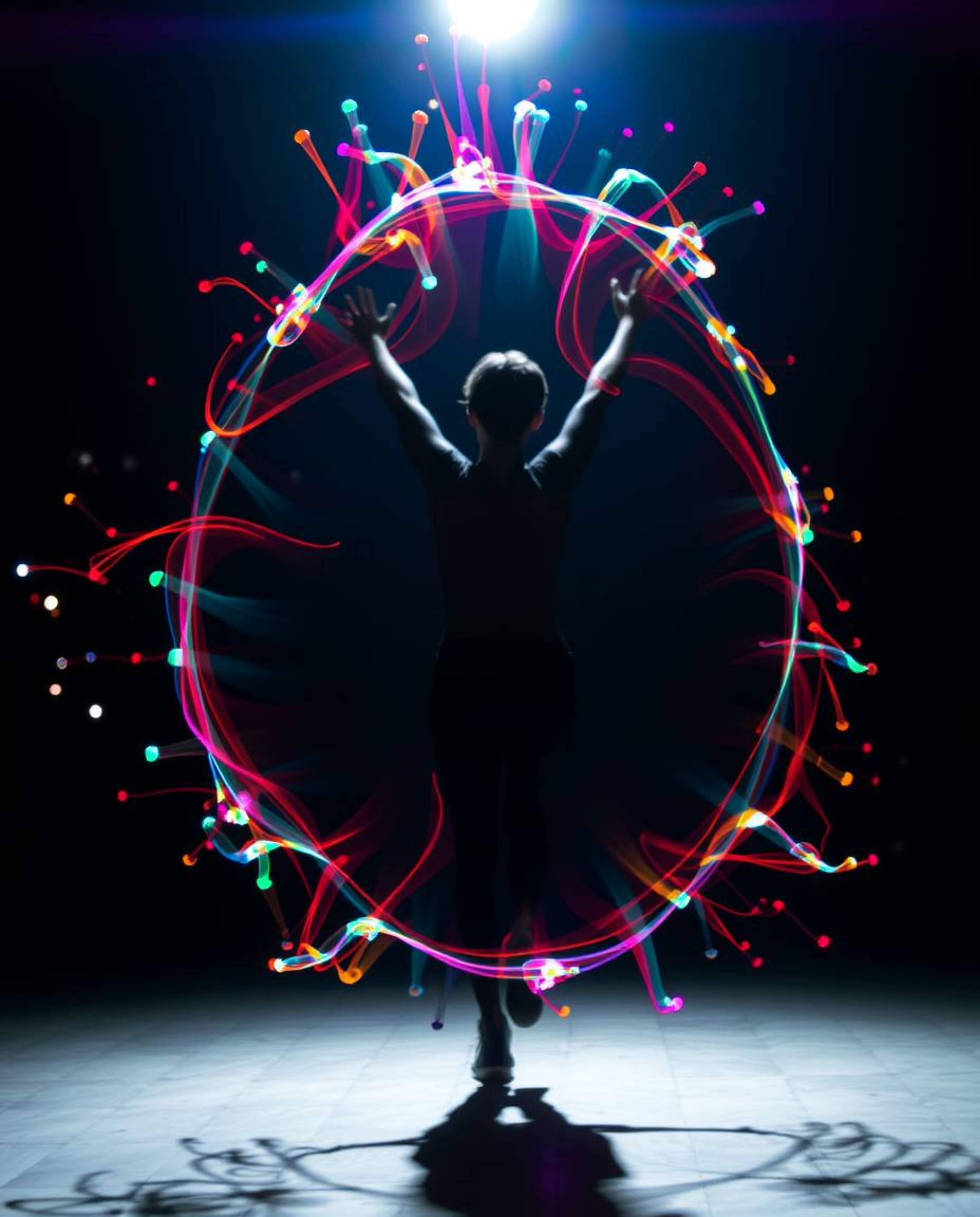 Explore a stunning blend of dynamic motion and creative light art, resulting in colorful splash patterns that coalesce into a